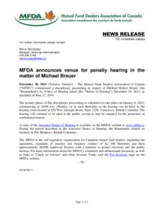 News release - MFDA announces venue for penalty hearing in the matter of Michael Breuer