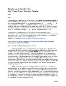 Sample Appointment Letter: Non-Tenure-Track – Lecturer Faculty Date: ____________________ Dear ________________________: It is my pleasure to welcome you to the faculty in the (Name of Department/School) at Michigan Te