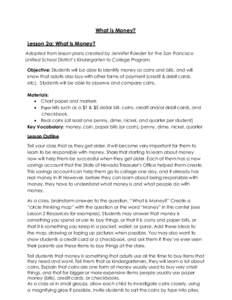 What is Money? Lesson 2a: What is Money? Adopted from lesson plans created by Jennifer Raeder for the San Francisco Unified School District’s Kindergarten to College Program. Objective: Students will be able to identif