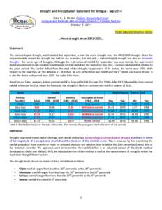 Drought and Precipitation Statement for Antigua – Sep 2014 Dale C. S. Destin (follow @anumetservice) Antigua and Barbuda Meteorological Service Climate Section October 9, 2014 Please take our Weather Survey …Worst dr