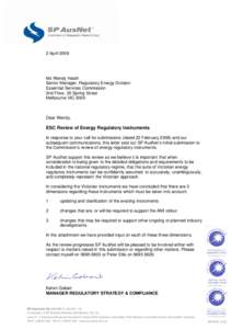 2 April[removed]Ms Wendy Heath Senior Manager, Regulatory Energy Division Essential Services Commission 2nd Floor, 35 Spring Street