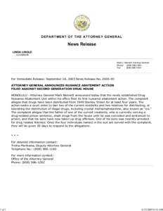 ATTORNEY GENERAL ANNOUNCES NUSANCE ABATEMENT ACTION FILED AGA...