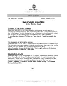 GREG COX SUPERVISOR, FIRST DISTRICT SAN DIEGO COUNTY BOARD OF SUPERVISORS MEDIA ADVISORY FOR IMMEDIATE RELEASE
