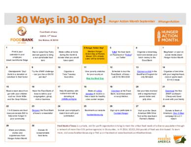 30 Ways in 30 Days!  Hunger Action Month September #HungerAction Food Bank of Iowa 2220 E. 17th Street