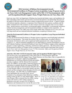 2014 Secretary of Defense Environmental Awards Environmental Excellence in Weapon System Acquisition, Large Program Award, Air Force Life Cycle Management Center (AFLCMC) F-35 Environmental, Safety and Occupational Healt