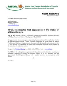 News release - MFDA reschedules first appearance in the matter of William Cormylo