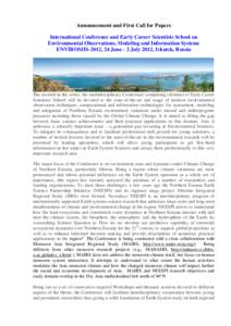 Announcement and First Call for Papers International Conference and Early Career Scientists School on Environmental Observations, Modeling and Information Systems ENVIROMIS-2012, 24 June - 2 July 2012, Irkutsk, Russia  T