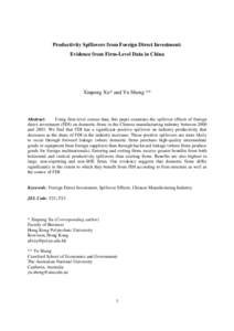 Productivity Spillovers from Foreign Direct Investment: Evidence from Firm-Level Data in China Xinpeng Xu* and Yu Sheng **  Abstract