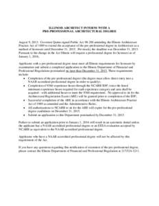 ILLINOIS ARCHITECT INTERNS WITH A PRE-PROFESSIONAL ARCHITECTURAL DEGREE August 9, 2013: Governor Quinn signed Public Act[removed]amending the Illinois Architecture Practice Act of 1989 to extend the acceptance of the pre-