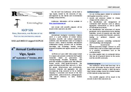 [FIRST CIRCULAR] The 4th IGCP 526 Conference will be held in Vigo (Spain), hosted by the University of Vigo, and organized by the Marine and Environmental Geology Group (GEOMA). Conference information will be available a