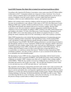 Local CERT Programs Play Major Role in Animal Care and Search-and-Rescue Efforts According to the American Pet Products Association, owners spent more than $55 billion dollars on their pets in[removed]Companion animals a