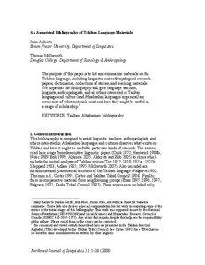 An Annotated Bibliography of Tahltan Language Materials* John Alderete Simon Fraser University, Department of Linguistics