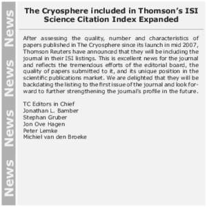 News News News News  The Cryosphere included in Thomson’s ISI