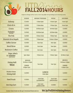 UTDDining Subject to change without notice. Hours may differ during holidays and university events. SUNDAY  MONDAY-THURSDAY