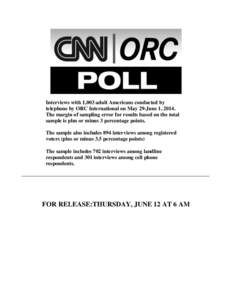 Interviews with 1,003 adult Americans conducted by telephone by ORC International on May 29-June 1, 2014. The margin of sampling error for results based on the total sample is plus or minus 3 percentage points. The sampl