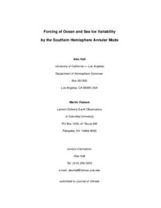 Forcing of Ocean and Sea Ice Variability by the Southern Hemisphere Annular Mode Alex Hall University of California — Los Angeles Department of Atmospheric Sciences