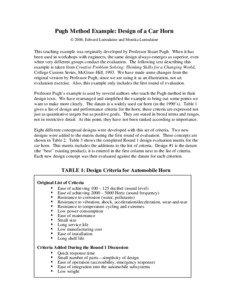 Pugh Method Example: Design of a Car Horn © 2006, Edward Lumsdaine and Monika Lumsdaine