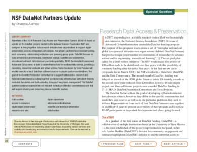 Special Section  NSF DataNet Partners Update Bulletin of the Association for Information Science and Technology – August/September 2014 – Volume 40, Number 6  by Dharma Akmon