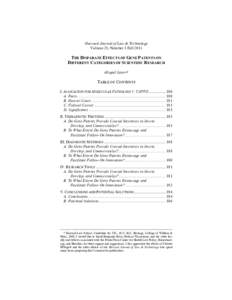 Harvard Journal of Law & Technology Volume 25, Number 1 Fall 2011 THE DISPARATE EFFECTS OF GENE PATENTS ON DIFFERENT CATEGORIES OF SCIENTIFIC RESEARCH Abigail Lauer*