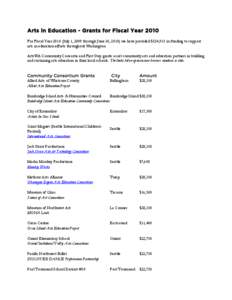 Arts in Education - Grants for Fiscal Year 2010 For Fiscal Year[removed]July 1, 2009 through June 30, 2010) we have provided $524,915 in funding to support arts in education efforts throughout Washington. ArtsWA Community 