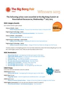 The following prizes were awarded at the Big Bang Eastern at Newmarket Racecourse, Wednesday 1st July 2015 NSEC Category Awards: Each winner receives a glass plaque Science & Maths - Junior • Felsted Preparatory School