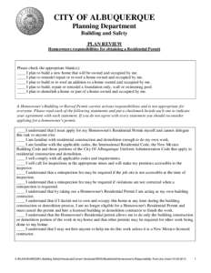 CITY OF ALBUQUERQUE Planning Department Building and Safety PLAN REVIEW Homeowners responsibilities for obtaining a Residential Permit