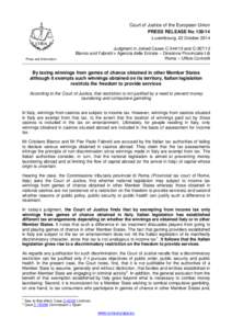 Court of Justice of the European Union PRESS RELEASE No[removed]Luxembourg, 22 October 2014 Press and Information