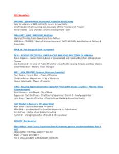 2012 Breakfasts JANUARY - Phoenix Mart -Economic Catalyst for Pinal County Casa Grande Mayor BOB JACKSON; Jeremy Schoenfelder Vice President of AZ Sourcing, LLC, developer of the Phoenix Mart Project Richard Wilke - Casa
