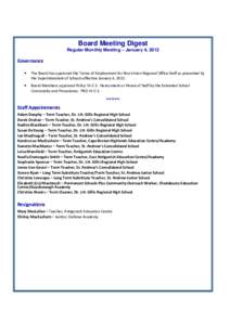 Board Meeting Digest Regular Monthly Meeting – January 4, 2012 Governance •