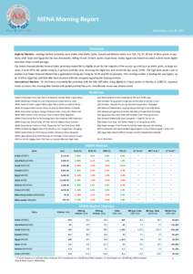 MENA Morning Report Wednesday, June 10, 2015 Overview Regional Markets: Leading markets yesterday were Dubai, Abu Dhabi, Qatar, Kuwait and Bahrain which rose 244, 43, 34, 29 and 24 basis points respectively while Saudi a