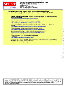 Evolutionary Development of the Middle Ear in Mesozoic Therian Mammals Qiang Ji, et al. Science 326, [removed]); DOI: [removed]science[removed]The following resources related to this article are available online at