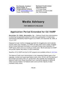 Media Advisory - Application Period Extended for CU HARP 