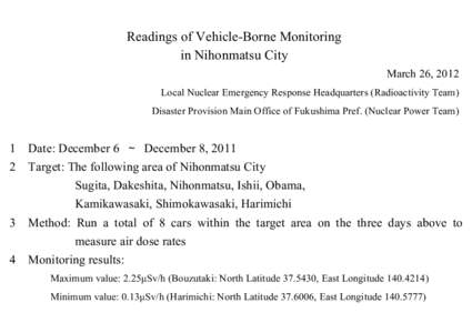 Readings of Vehicle-Borne Monitoring in Nihonmatsu City March 26, 2012 Local Nuclear Emergency Response Headquarters (Radioactivity Team) Disaster Provision Main Office of Fukushima Pref. (Nuclear Power Team)