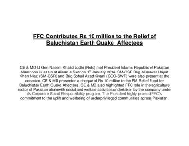 FFC Contributes Rs 10 million to the Relief of Baluchistan Earth Quake Affectees