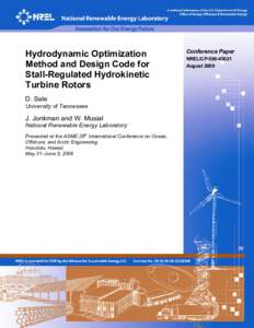 Hydrodynamic Optimization Method and Design Code for Stall-Regulated Hydrokinetic Turbine Rotors