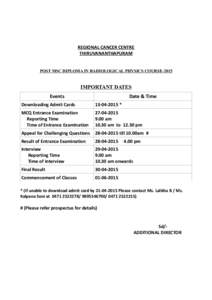 REGIONAL CANCER CENTRE THIRUVANANTHAPURAM POST MSC DIPLOMA IN RADIOLOGICAL PHYSICS COURSE-2015 IMPORTANT DATES Events