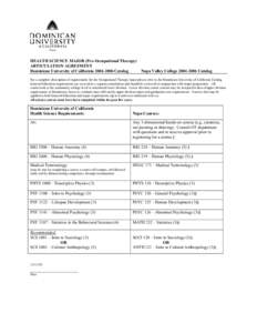 HEALTH SCIENCE MAJOR (Pre-Occupational Therapy) ARTICULATION AGREEMENT Dominican University of California[removed]Catalog Napa Valley College[removed]Catalog