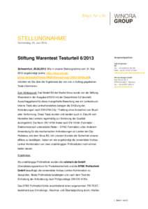 STELLUNGNAHME Donnerstag, 20. Juni 2013 Stiftung Warentest TesturteilAnsprechpartner: