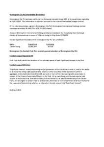 Microsoft Word - Birmingham City PLC Shareholder Breakdown - FL Rules[removed]