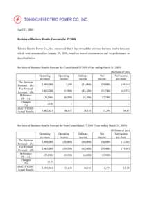 TOHOKU ELECTRIC POWER CO., INC. April 21, 2009 Revision of Business Results Forecasts for FY2008  Tohoku Electric Power Co., Inc. announced that it has revised the previous business results forecasts