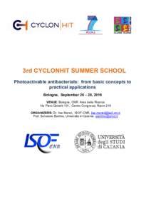 3rd CYCLON CYCLONHIT SUMMER SCHOOL Photoactivable antibacterials: from rom basic concepts to practical applications Bologna, September 26 – 28, 2016