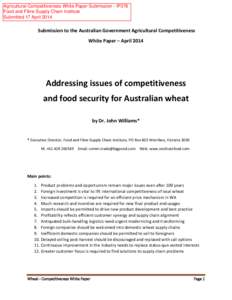 Agricultural Competitiveness White Paper Submission - IP378 Food and Fibre Supply Chain Institute Submitted 17 April 2014 Submission to the Australian Government Agricultural Competitiveness White Paper – April 2014