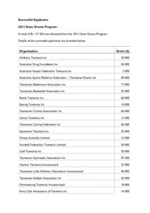 Successful Applicants 2013 State Grants Program A total of $[removed]was allocated from the 2013 State Grants Program. Details of the successful applicants are provided below. Organisation