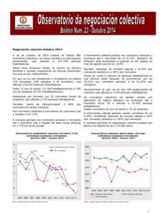 Negociación colectiva Outubro[removed]A un de outubro de 2014 existen en Galicia 882 convenios colectivos, xa sexan vixentes ou prorrogados tacitamente, que afectan a