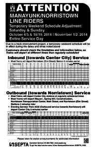 ATTENTION  MANAYUNK/NORRISTOWN LINE RIDERS  Temporary Weekend Schedule Adjustment