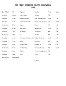 SJE HIGH SCHOOL CROSS COUNTRY 2013 Day	
  of	
  Week Date