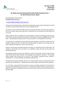 The Greens NSW Submission 11 June 2013 Re: Manly Local Environmental Plan 2013 Draft Amendment No. 1 34, 36 & 38 Stuart Street, Manly General Manager, Manly Council