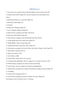 2008 Honorees 1. Joan Lynum who accepted for the late Gretchen Matheson, West Canada Section 99s 2. Dorothy Warren, Dallas Chapter 99s, who also accepted for her late husband, Chuck Warren 3. Ruth Ensley Becherucci (5), 