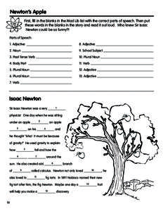 Newton’s Apple First, fill in the blanks in the Mad Lib list with the correct parts of speech. Then put these words in the blanks in the story and read it out loud. Who knew Sir Isaac Newton could be so funny?! Parts o