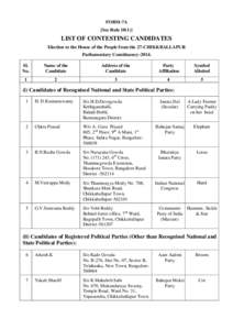 FORM-7A [See Rule[removed]LIST OF CONTESTING CANDIDATES Election to the House of the People from the 27-CHIKKBALLAPUR Parliamentary Constituency-2014.